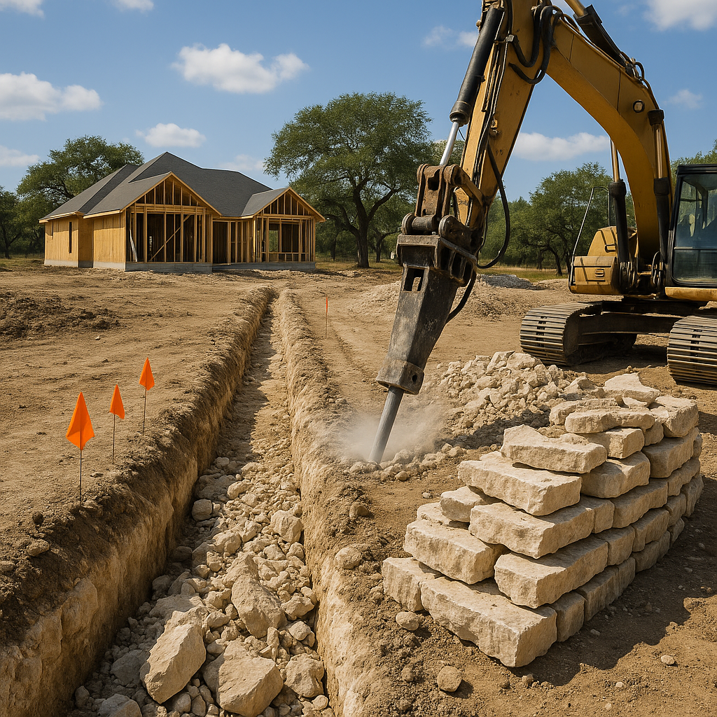 Rock excavation on a Texas Hill Country homesite: excavator with hydraulic hammer breaking limestone over a shared utility trench, Texas811 flags, stacked rock spoils, and a framed house with live oaks beyond.