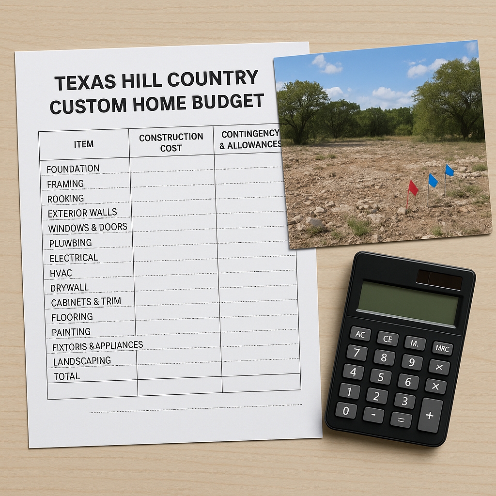 Flat lay of a Texas Hill Country custom home budget worksheet showing construction costs, contingency and allowance columns, a calculator, and a site photo with rocky soil and utility flags.