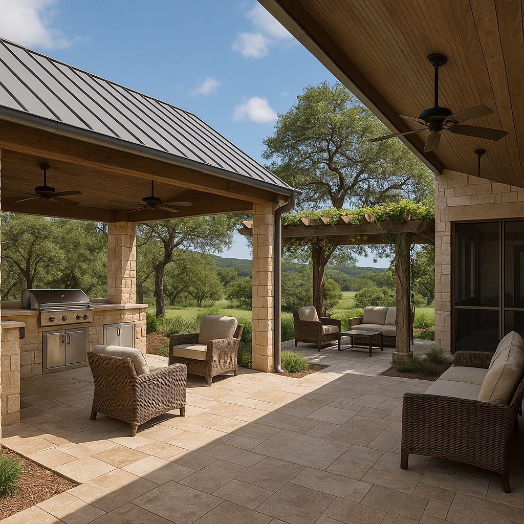 Hill Country outdoor living: deep covered porch, screened dining, stone kitchen, fans and warm lighting facing live oaks and hills.