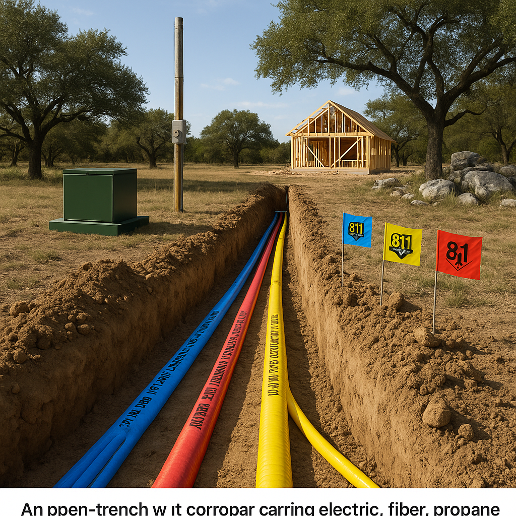 Rural Hill Country jobsite showing a shared trench corridor, PEC transformer pad, temp power pole, and Texas811 flags near a framed home.