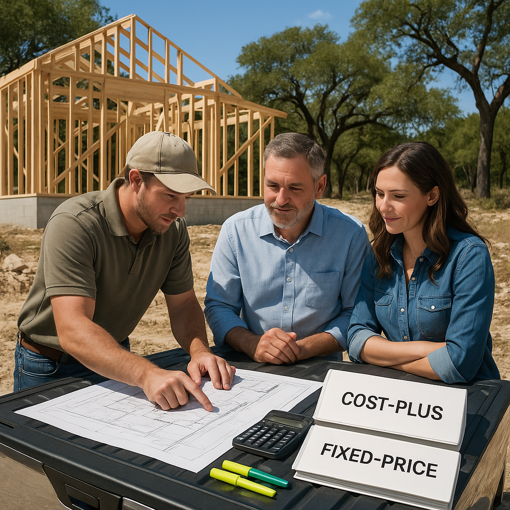 Builder and homeowners comparing Fixed‑Price and Cost‑Plus contracts at a Hill Country build site with plans on a tailgate, framed house and live oaks behind.