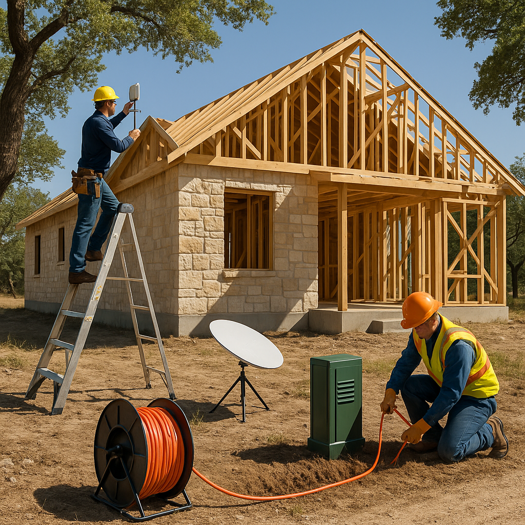 Hill Country build with fiber conduit, fixed‑wireless antenna, and a Starlink‑style dish alongside a framed home and utility pedestal.