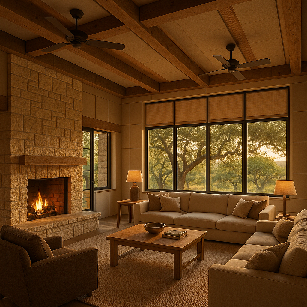 Open-plan Hill Country living room at golden hour with limestone fireplace, timber beams, large shaded windows, acoustic treatments, and quiet ceiling fans.