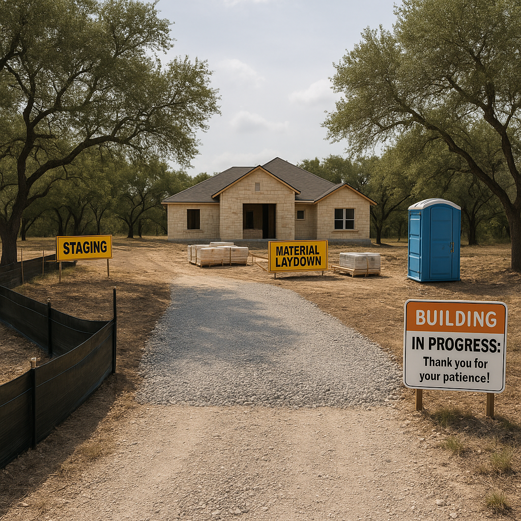 Organized Hill Country job site with stabilized entrance, silt fence, clean staging, and friendly signage among live oaks and limestone.
