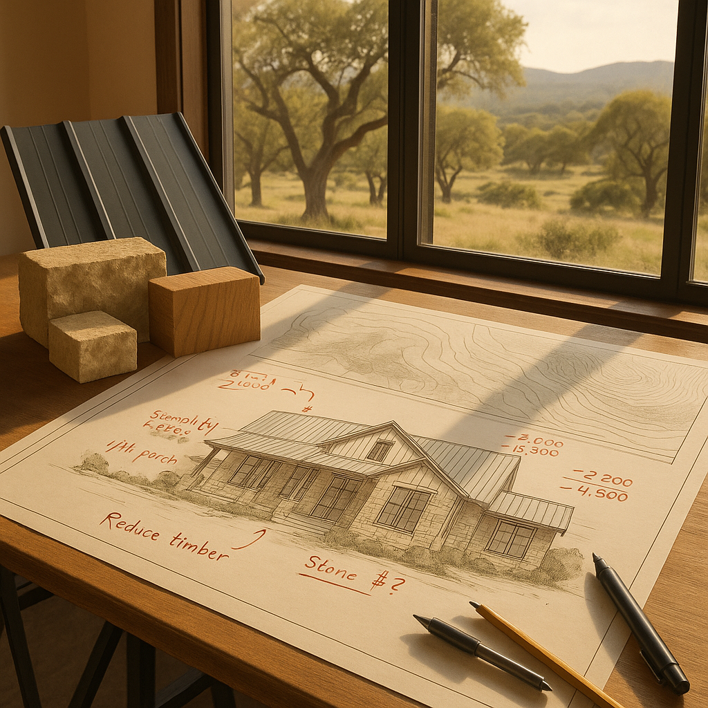 Architect’s table with redlined plans, material samples, and a Hill Country site plan—value-engineering in progress with oaks and hills outside.