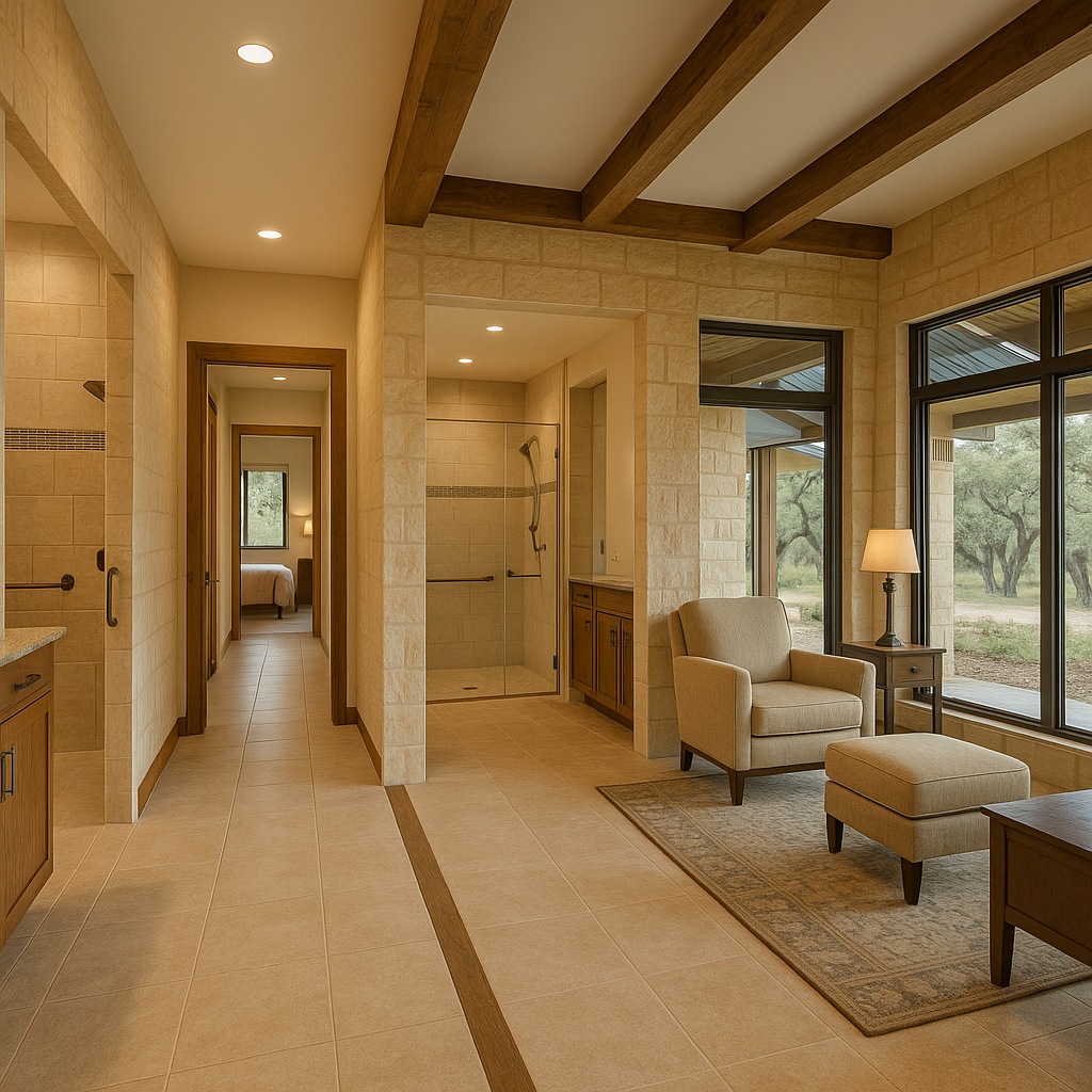 Texas Hill Country custom home interior showing wide halls, zero‑threshold entry and shower, lever handles, and warm materials for aging‑in‑place comfort.