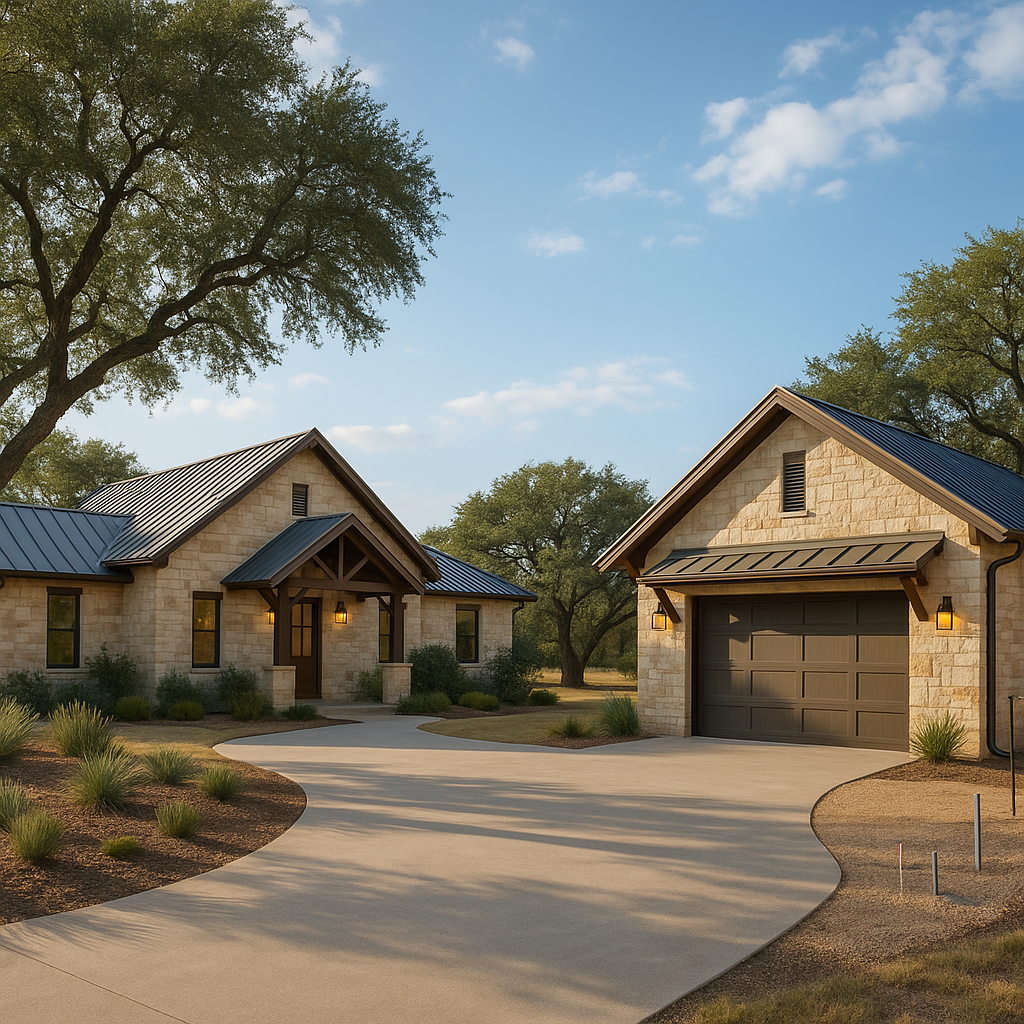 Hill Country home with matching detached garage and workshop, limestone and timber, metal roofs, paved turnaround, and native landscaping.