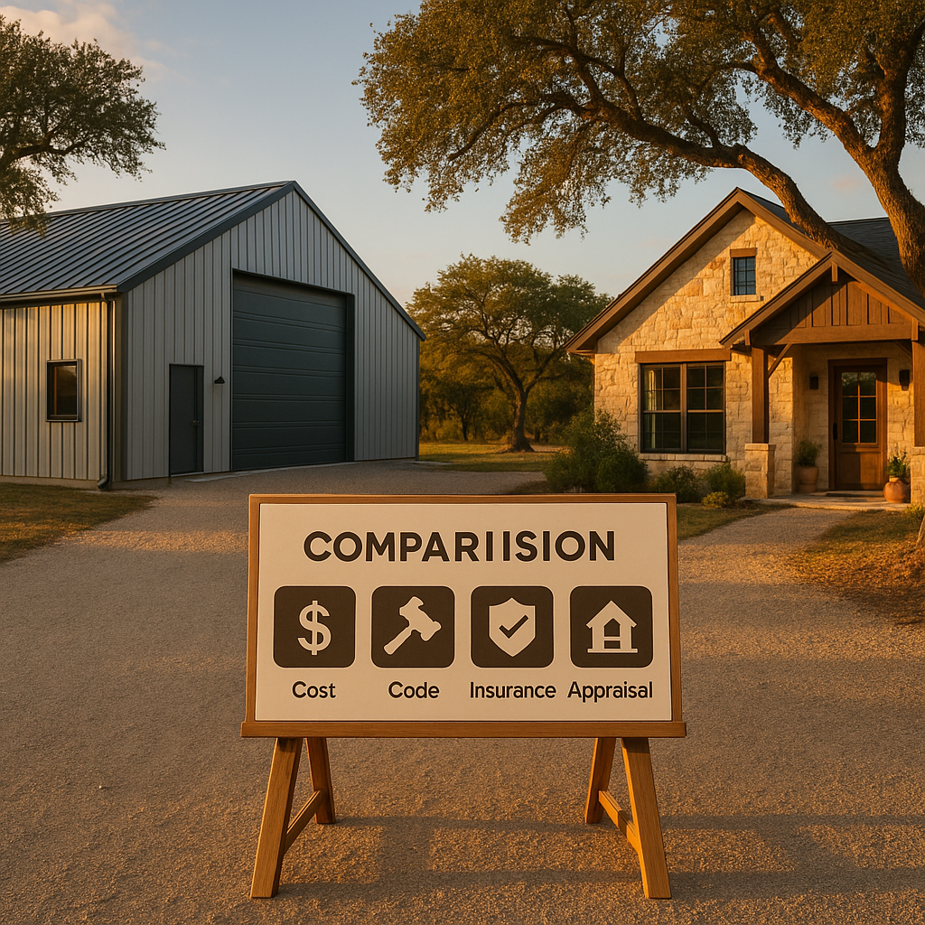 Side‑by‑side comparison: a metal‑sided barndominium and a modern‑rustic limestone custom home on a Hill Country property at golden hour.