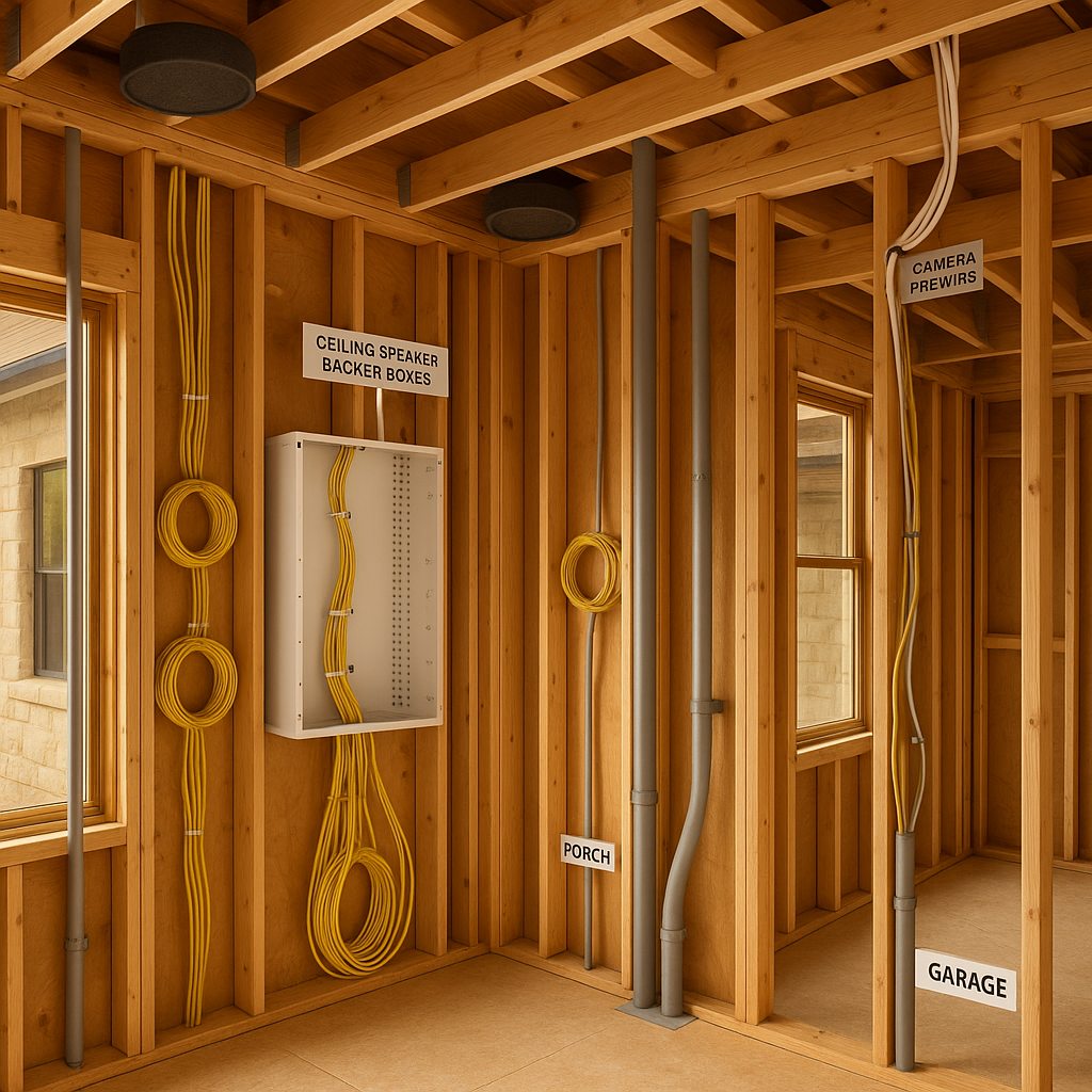Open‑stud interior showing labeled low‑voltage bundles to a structured media panel, speaker backer boxes, and porch/garage conduits in a Hill Country custom home.